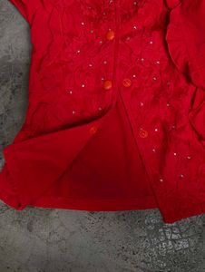Chic Red Embellished Button-Up Top