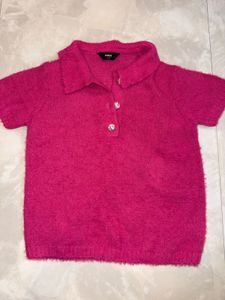 Fuzzy Pink Polo Neck Top