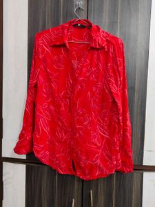 Vibrant Red Floral Print Button-Up Shirt