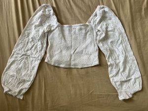 White Eyelet Puff Sleeve Smocked Top