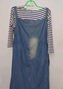 Denim Pinafore Dress with Striped Top