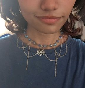 Blue Beaded Rose Pendant Necklace