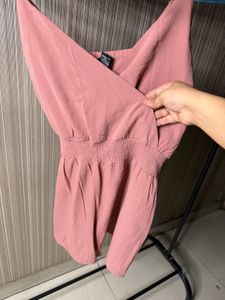 Women's Pink Smocked Waist Wrap Top