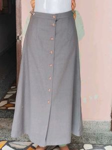 Grey Front-Button A-Line Maxi Skirt