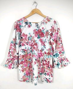 White Floral Print Bell Puff Sleeves Top (Women's)