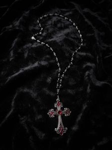 Gothic Cross Necklace with Red Jewels