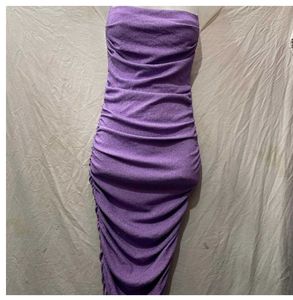 Sparkly Purple Strapless Ruched Bodycon Midi Dress