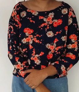 Blue And Peach Floral Print Western Top XXL Size