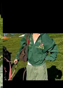 Green Zip-Up Hoodie with Embroidery