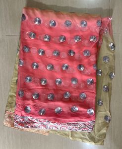 Pink &amp; Gold/ Off White Sequin Embellished Saree