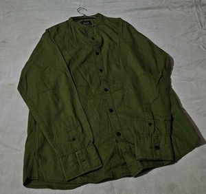 Men's Olive Green Band Collar Shirt