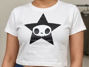 White Cropped T-Shirt with Star Skull Graphic