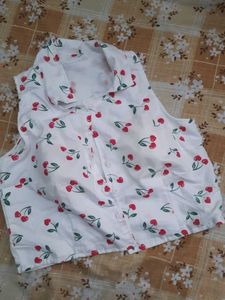 cute korean cherry crop shirt type top white