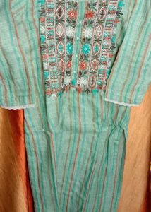 Green Striped Embroidered Kurta