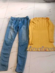 Women Blue Jeans & Yellow Sweater combo Set