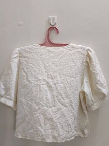 White Textured Cropped Blouse