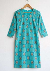 Turquoise Blue Geometric Ikat Print Straight Kurti