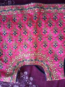 Embroidered Pink Silk Blouse with purple lehanga