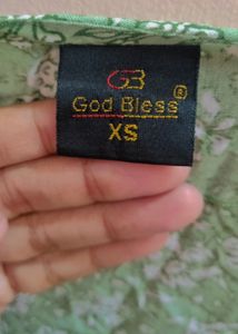 God Bless XS Cotton blend Green Printed Tunic