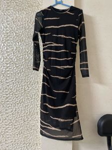 Chic Black &amp; Beige Striped Mesh Dress