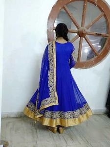 Royal Blue Embroidered Long Frock with dupatta