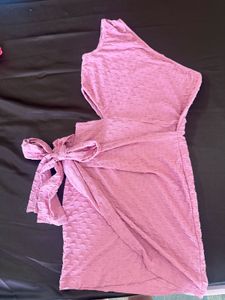 Pink One-Shoulder Textured Wrap Dress