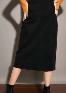 Black Denim Front Slit Midi Skirt