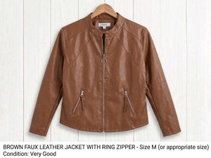 Brown Faux Leather Jacket with Ring Zipper