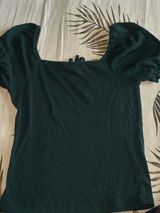 Ribbed Green Puff Sleeve Top