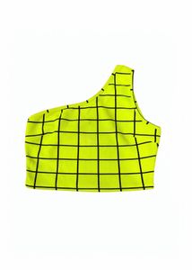 SHEIN Neon Green One Shoulder Grid Print Crop Top
