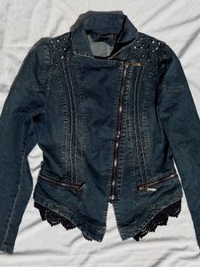 Studded Denim Jacket with Lace Trim