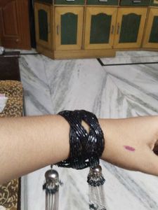 Black Beaded Bracelet with Tassels