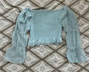 Sheer Puff Sleeve Smocked Crop Top
