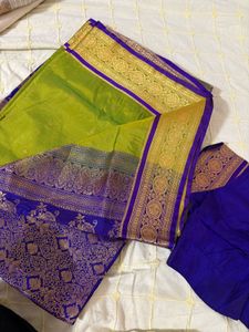 Vibrant Green & Purple Silk Saree
