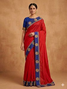 Red Saree with Blue Border