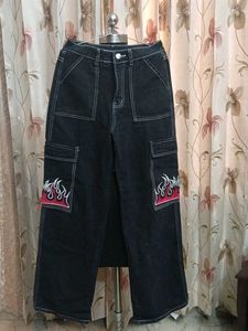 Black Cargo Jeans with Flame Detail