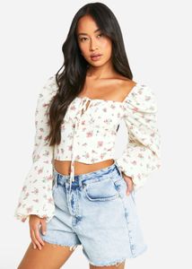 White Floral Print Square Neck Top
