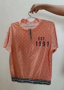 Peach Polka Dot Quarter Zip Top