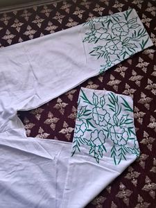 White Palazzo with Green Floral Embroidery