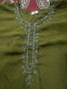 Elegant Olive Kurta Set with Blue Pants