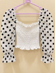 White Polka Dot Sheer Sleeve Top