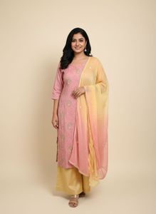 Pink Embroidered Kurta Set with Yellow Palazzo