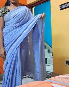 Elegant Blue Saree with White Polka Dots