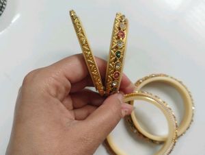 Exquisite Stone-Studded Gold Bangles
