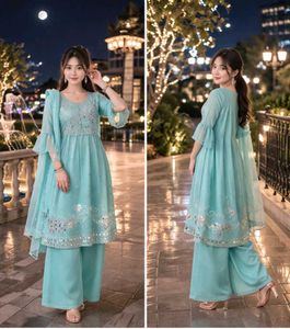 Beautiful Blue Nyra cut Kurta Set with Embellishme