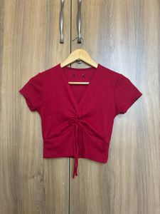 Ribbed Red Ruched Crop Top