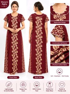 Elegant Maroon Leaf Print Nightgown