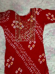 Red Bandhani Print Kurta with Embroidery