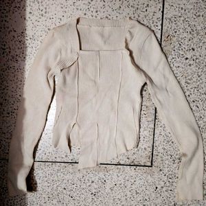 Cream Ribbed Square Neck Top