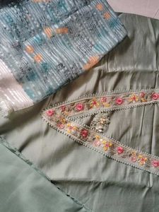 Green Embroidered Dress Material Set